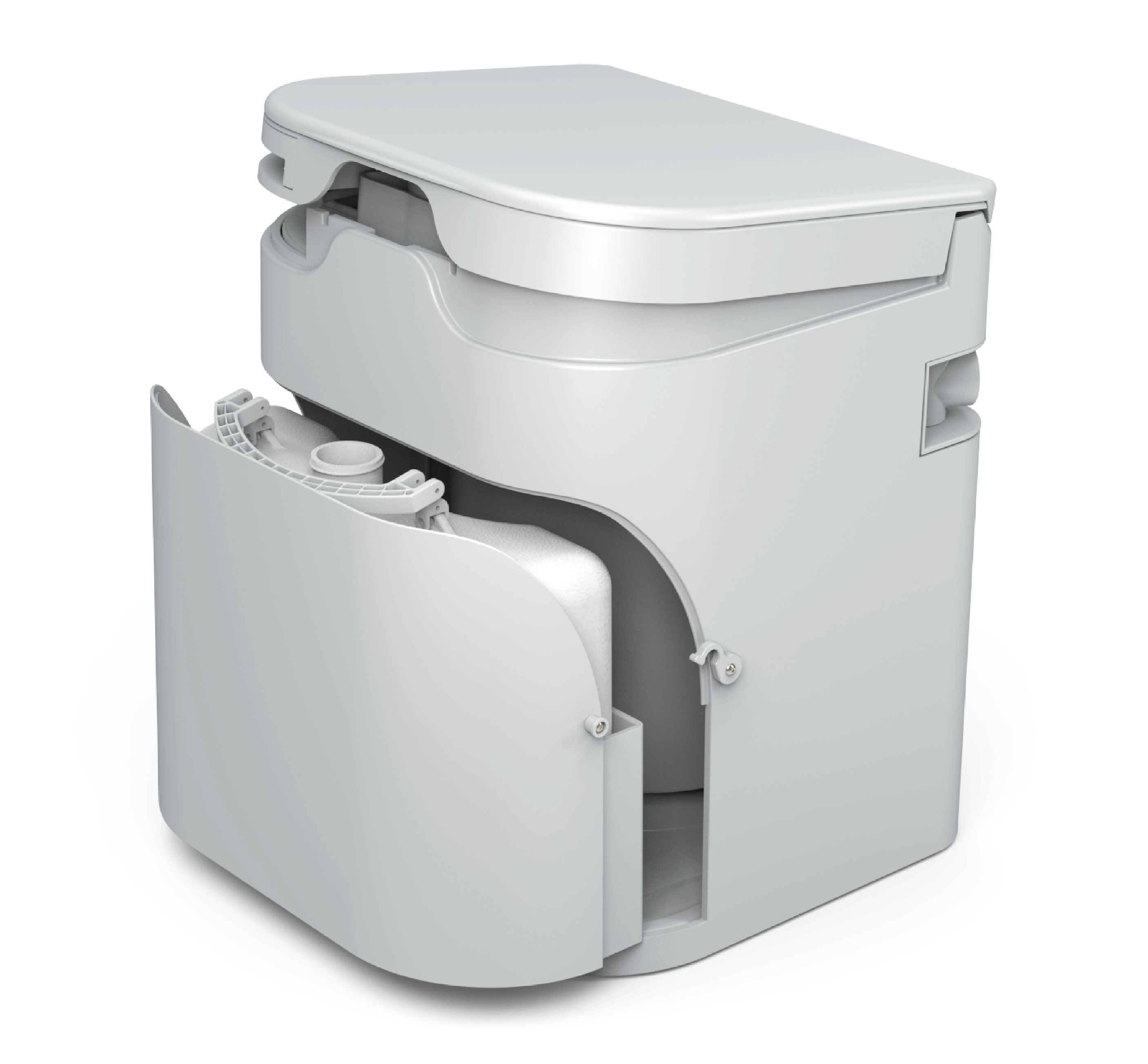 OGO Origin Composting Waterless Toilet, Liquid Door Open, Lid Up